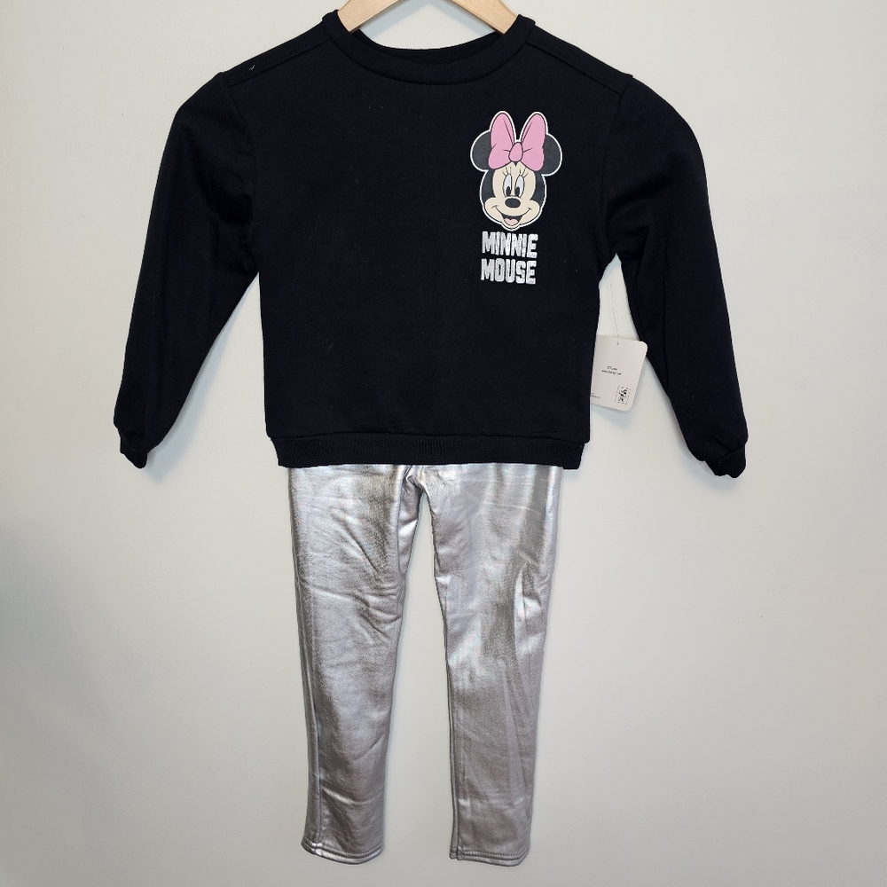 NWT Disney Minnie Mouse Black Sweatshirt & Silver Leggings Set Size 5